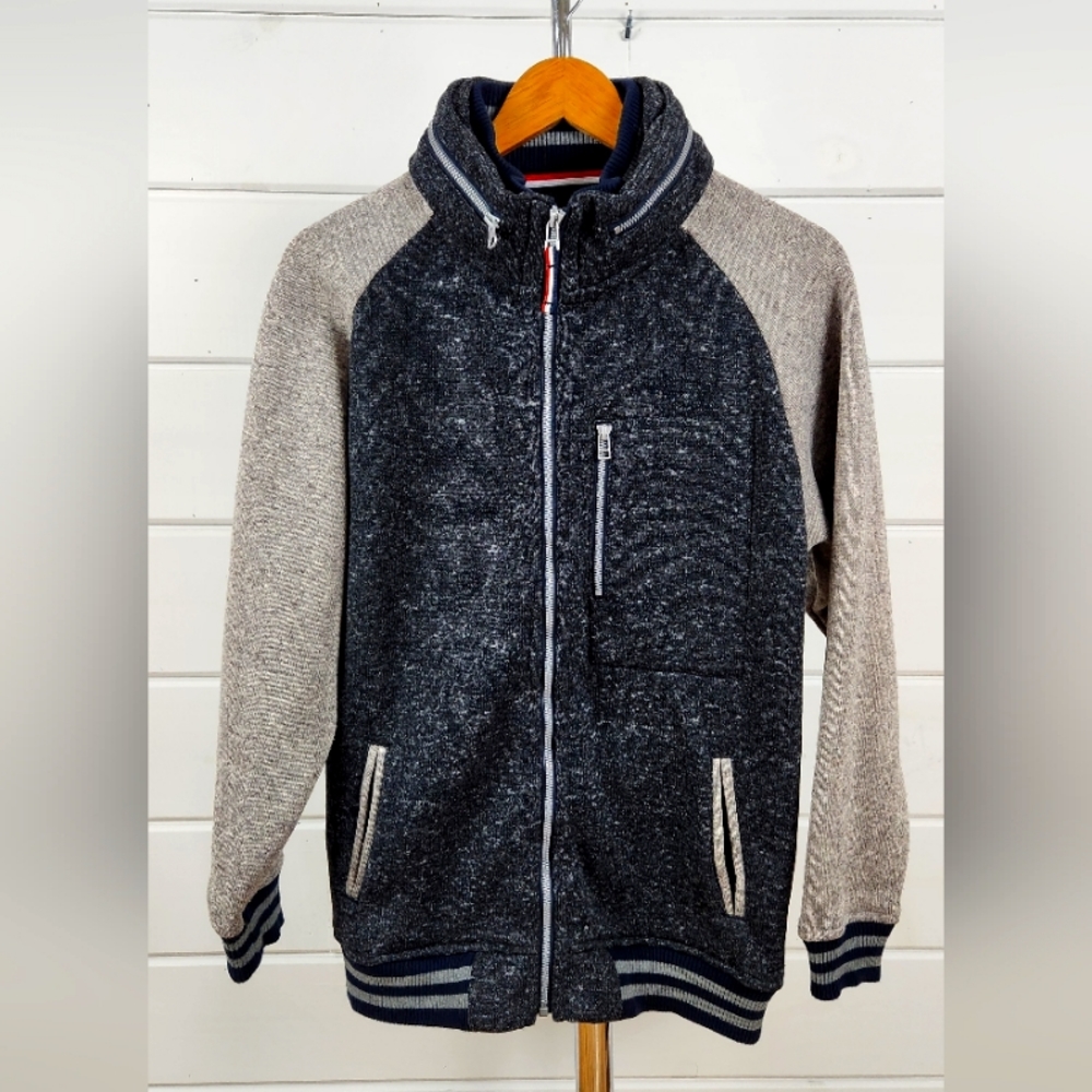 Men's Two-Tone Zip-Up Sweater Jacket - Charcoal & Light Taupe